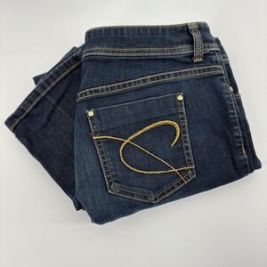 Chico's Platinum Dark Wash Straight Leg Jeans Gold Embroidery Size 0 Short